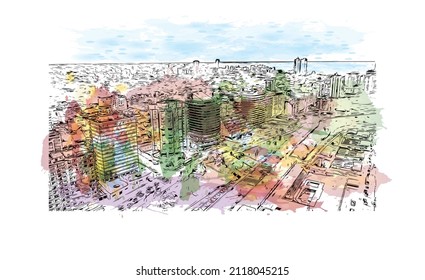 Building view with landmark of Mar del Plata is the 
city in Argentina. Watercolor splash with hand drawn sketch illustration in vector.