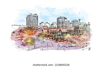 Building view with landmark of Mar del Plata is the 
city in Argentina. Watercolor splash with hand drawn sketch illustration in vector.