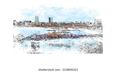 Building view with landmark of Mar del Plata is the 
city in Argentina. Watercolor splash with hand drawn sketch illustration in vector.