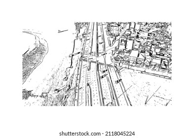 Building view with landmark of Mar del Plata is the 
city in Argentina. Hand drawn sketch illustration in vector.