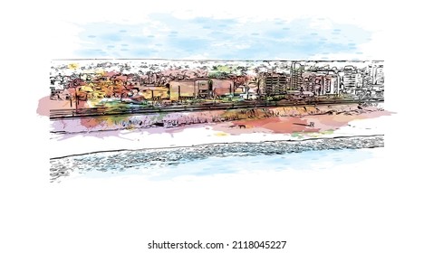 Building view with landmark of Mar del Plata is the 
city in Argentina. Watercolor splash with hand drawn sketch illustration in vector.