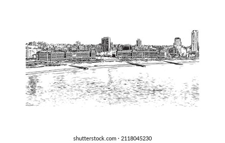 Building view with landmark of Mar del Plata is the 
city in Argentina. Hand drawn sketch illustration in vector.