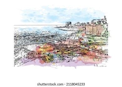 Building view with landmark of Mar del Plata is the 
city in Argentina. Watercolor splash with hand drawn sketch illustration in vector.