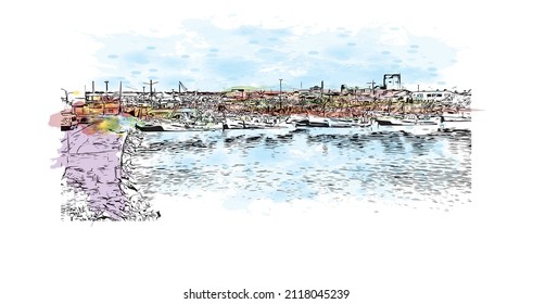 Building view with landmark of Mar del Plata is the 
city in Argentina. Watercolor splash with hand drawn sketch illustration in vector.