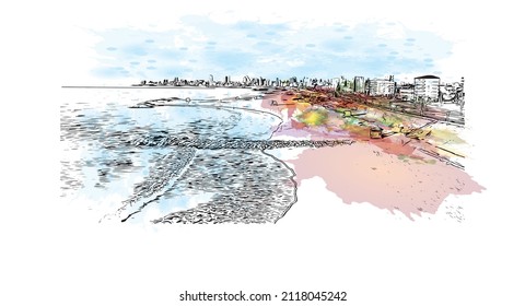 Building view with landmark of Mar del Plata is the 
city in Argentina. Watercolor splash with hand drawn sketch illustration in vector.