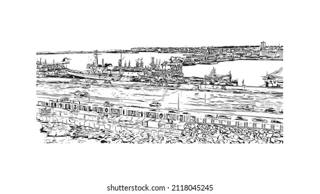 Building view with landmark of Mar del Plata is the 
city in Argentina. Hand drawn sketch illustration in vector.