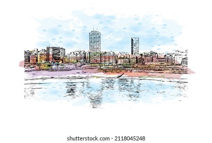 Building view with landmark of Mar del Plata is the 
city in Argentina. Watercolor splash with hand drawn sketch illustration in vector.