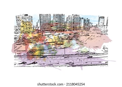 Building view with landmark of Mar del Plata is the 
city in Argentina. Watercolor splash with hand drawn sketch illustration in vector.