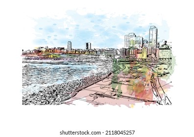 Building view with landmark of Mar del Plata is the 
city in Argentina. Watercolor splash with hand drawn sketch illustration in vector.