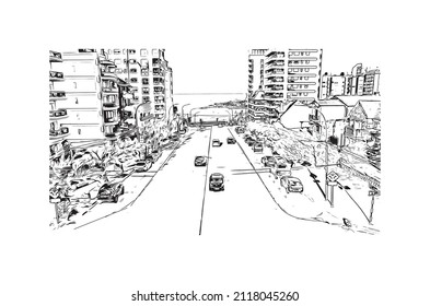 Building view with landmark of Mar del Plata is the 
city in Argentina. Hand drawn sketch illustration in vector.