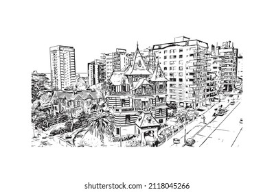 Building view with landmark of Mar del Plata is the 
city in Argentina. Hand drawn sketch illustration in vector.