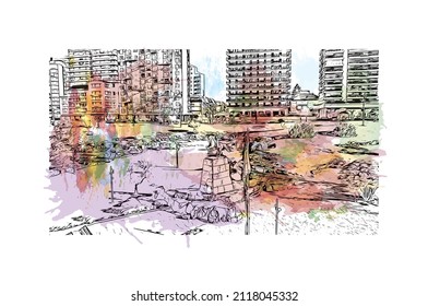 Building view with landmark of Mar del Plata is the 
city in Argentina. Watercolor splash with hand drawn sketch illustration in vector.