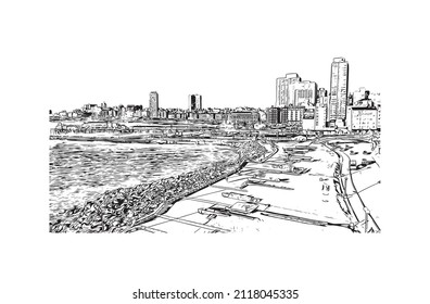 Building view with landmark of Mar del Plata is the 
city in Argentina. Hand drawn sketch illustration in vector.