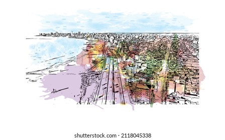 Der Ausblick auf das Gebäude mit Wahrzeichen des Mar del Plata ist der 
Stadt in Argentinien. Aquarellspritzer mit handgezeichneter Skizzengrafik in Vektorgrafik.