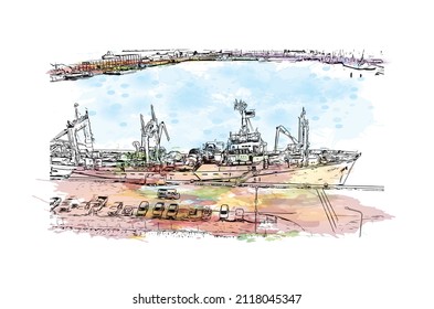 Building view with landmark of Mar del Plata is the 
city in Argentina. Watercolor splash with hand drawn sketch illustration in vector.