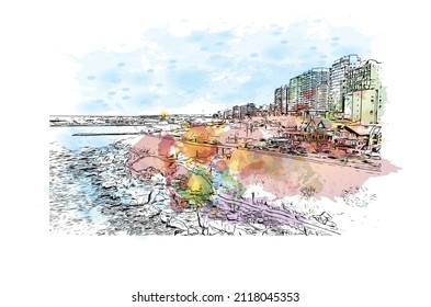 Building view with landmark of Mar del Plata is the 
city in Argentina. Watercolor splash with hand drawn sketch illustration in vector.