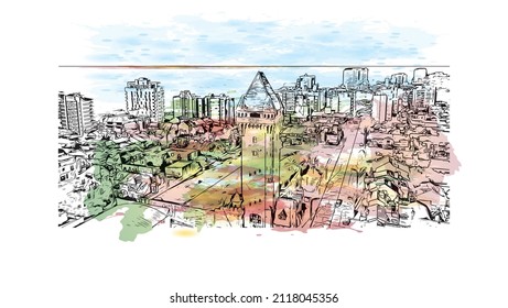 Building view with landmark of Mar del Plata is the 
city in Argentina. Watercolor splash with hand drawn sketch illustration in vector.