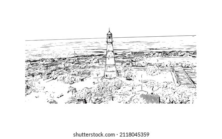 Building view with landmark of Mar del Plata is the 
city in Argentina. Hand drawn sketch illustration in vector.