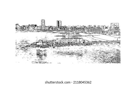 Building view with landmark of Mar del Plata is the 
city in Argentina. Hand drawn sketch illustration in vector.