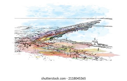 Building view with landmark of Mar del Plata is the 
city in Argentina. Watercolor splash with hand drawn sketch illustration in vector.