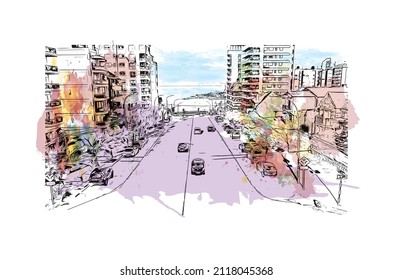 Building view with landmark of Mar del Plata is the 
city in Argentina. Watercolor splash with hand drawn sketch illustration in vector.