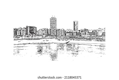 Building view with landmark of Mar del Plata is the 
city in Argentina. Hand drawn sketch illustration in vector.