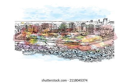 Building view with landmark of Mar del Plata is the 
city in Argentina. Watercolor splash with hand drawn sketch illustration in vector.