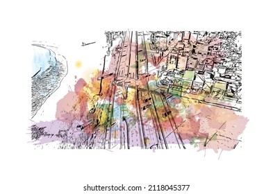 Building view with landmark of Mar del Plata is the 
city in Argentina. Watercolor splash with hand drawn sketch illustration in vector.