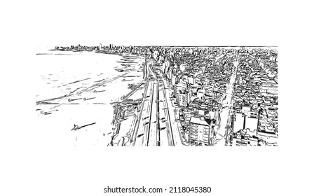 Building view with landmark of Mar del Plata is the 
city in Argentina. Hand drawn sketch illustration in vector.