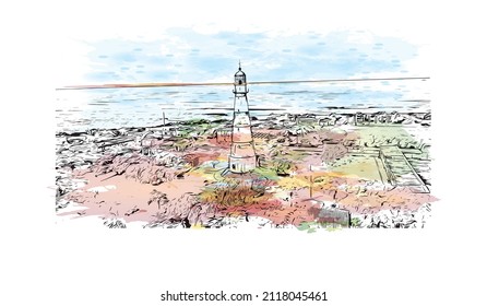 Building view with landmark of Mar del Plata is the 
city in Argentina. Watercolor splash with hand drawn sketch illustration in vector.