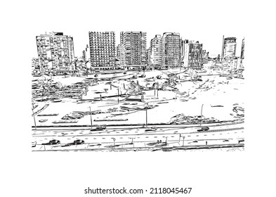 Building view with landmark of Mar del Plata is the 
city in Argentina. Hand drawn sketch illustration in vector.