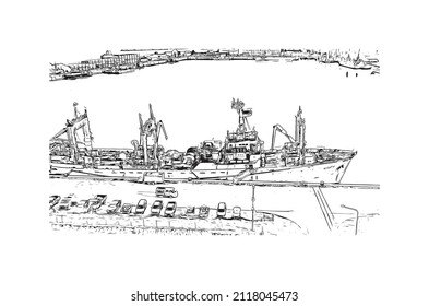 Building view with landmark of Mar del Plata is the 
city in Argentina. Hand drawn sketch illustration in vector.