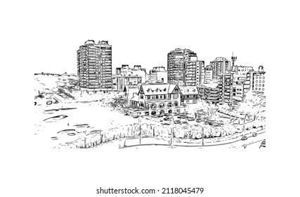 Building view with landmark of Mar del Plata is the 
city in Argentina. Hand drawn sketch illustration in vector.