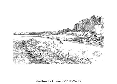 Building view with landmark of Mar del Plata is the 
city in Argentina. Hand drawn sketch illustration in vector.