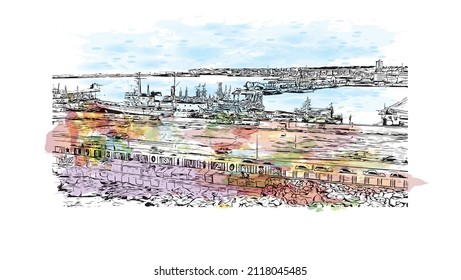 Building view with landmark of Mar del Plata is the 
city in Argentina. Watercolor splash with hand drawn sketch illustration in vector.