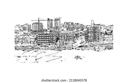 Building view with landmark of Mar del Plata is the 
city in Argentina. Hand drawn sketch illustration in vector.