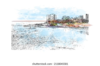 Building view with landmark of Mar del Plata is the 
city in Argentina. Watercolor splash with hand drawn sketch illustration in vector.