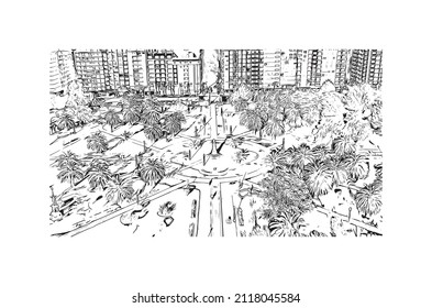 Building view with landmark of Mar del Plata is the 
city in Argentina. Hand drawn sketch illustration in vector.