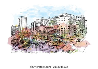 Building view with landmark of Mar del Plata is the 
city in Argentina. Watercolor splash with hand drawn sketch illustration in vector.