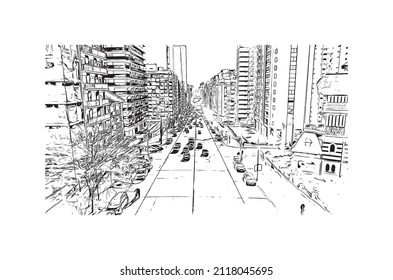 Building view with landmark of Mar del Plata is the 
city in Argentina. Hand drawn sketch illustration in vector.