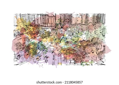 Building view with landmark of Mar del Plata is the 
city in Argentina. Watercolor splash with hand drawn sketch illustration in vector.