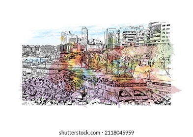 Building view with landmark of Mar del Plata is the 
city in Argentina. Watercolor splash with hand drawn sketch illustration in vector.