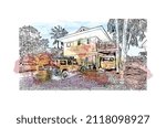Building view with landmark of Marathon is the 
town in Greece. Watercolor splash with hand drawn sketch illustration in vector.