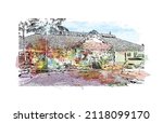 Building view with landmark of Marathon is the 
town in Greece. Watercolor splash with hand drawn sketch illustration in vector.