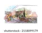 Building view with landmark of Marathon is the 
town in Greece. Watercolor splash with hand drawn sketch illustration in vector.