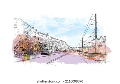 Building view with landmark of Marathon is the 
town in Greece. Watercolor splash with hand drawn sketch illustration in vector.