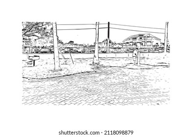 Building view with landmark of Marathon is the 
town in Greece. Hand drawn sketch illustration in vector.