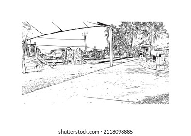 La construcción de vistas con un punto de referencia de Maratón es la 
ciudad de Grecia. Dibujo a mano de ilustración de esbozo en vector.