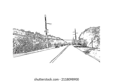 La construcción de vistas con un punto de referencia de Maratón es la 
ciudad de Grecia. Dibujo a mano de ilustración de esbozo en vector.