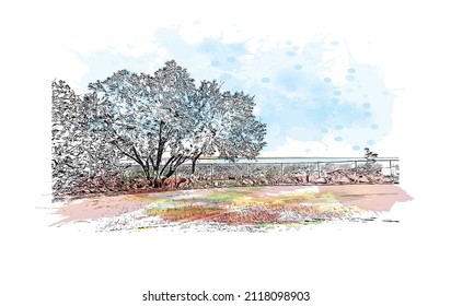 Building view with landmark of Marathon is the 
town in Greece. Watercolor splash with hand drawn sketch illustration in vector.